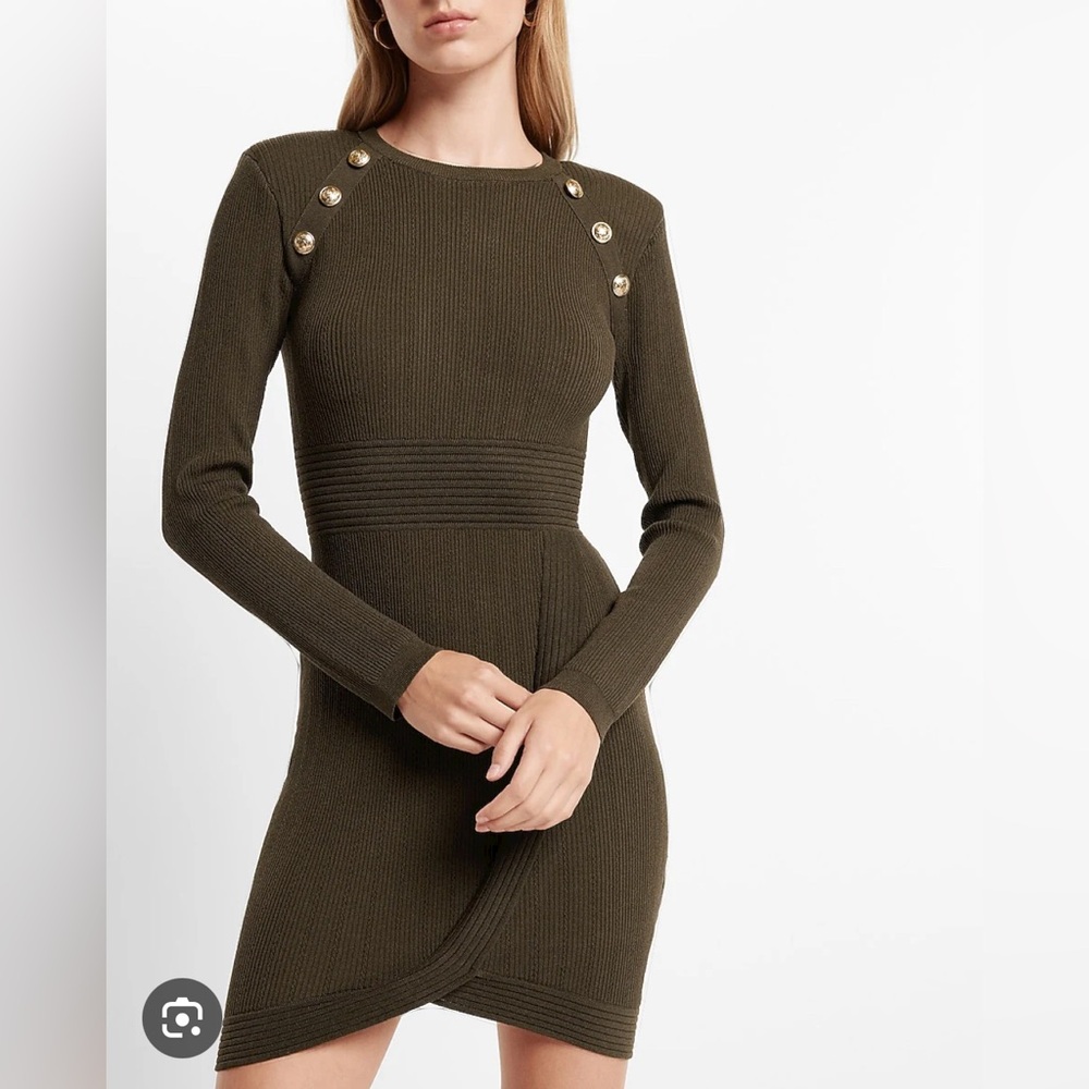 Express Ribbed Long Sleeve Sweater Dress | XS | Olive Green | Gold Button Detail